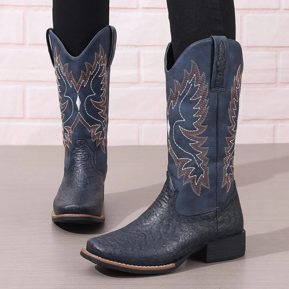 Women Blue Western Cowboy Boots for  Mid Calf Cowgirl Boot Snip Toe Chunky Heel